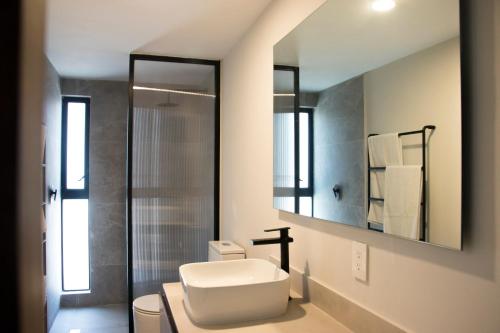W łazience znajduje się toaleta, umywalka i lustro. w obiekcie Casa Blumenhaus - Casa de Campo con Jacuzzi en Zapopan w mieście Zapopan