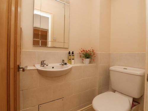 a bathroom with a toilet and a sink and a mirror at 4 Green Farm Cottage in Chester