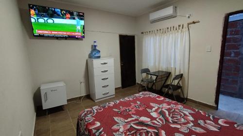 1 dormitorio con 1 cama y TV en la pared en Habitacion con baño privado en Salta