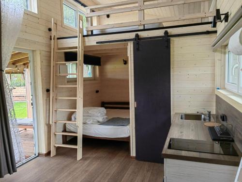 a tiny house with a bunk bed and a ladder at Ragakrasts jaunie namiņi in Mērsrags