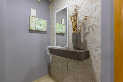 baño con espejo y jarrón en la pared en Casa Buda, en Torrequebrada