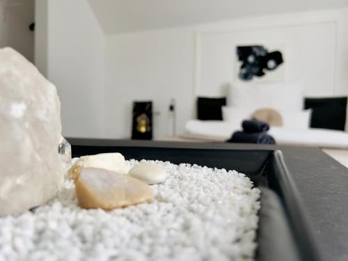 a tray filled with white rice and a piece of soap at Gallery Room 02 in Bielefeld