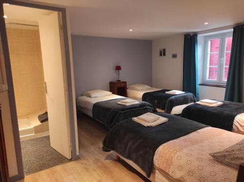 Habitación de hotel con 3 camas y baño en Hôtel Restaurant des Voyageurs, en Nant