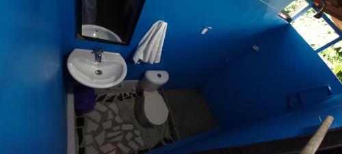a blue bathroom with a sink and a toilet at Posada Kevelin in Termales - agua caliente - nuqui