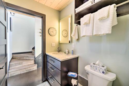 een badkamer met een toilet, een wastafel en een douche bij Waterfront Cabin on Lake Superior with Fire Pit in Two Harbors