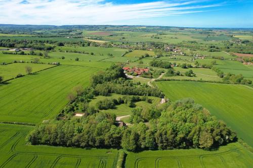 an aerial view of a green field with trees and houses at High Parks in Bedale