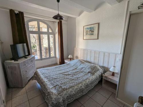 une chambre avec un lit, une télévision et une fenêtre dans l'établissement Gîte Olivier, à Vals-les-Bains