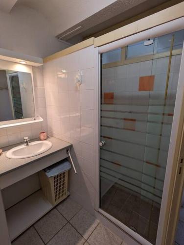 une salle de bain avec une douche en verre et un lavabo dans l'établissement Gîte Olivier, à Vals-les-Bains