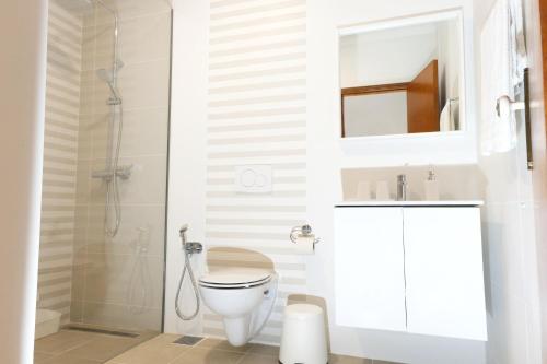 a white bathroom with a toilet and a shower at Apartamento Praia Vau T1 in Portimão