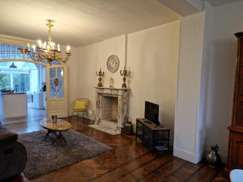 een woonkamer met een open haard en een kroonluchter bij Gîte de charme dans une maison bourgeoise in Frameries