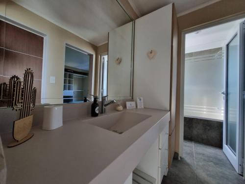 La salle de bains est pourvue d'un grand lavabo et d'un grand miroir. dans l'établissement La Casa de los Vientos, à Tandil