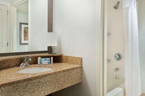 a bathroom with a sink and a mirror and a shower at Courtyard Asheville in Asheville