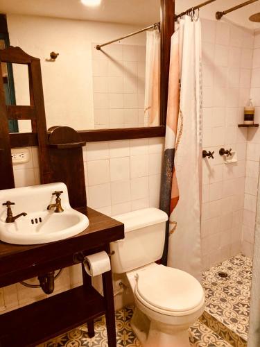 a bathroom with a toilet and a sink and a shower at Casa Aranjuez in Bogotá