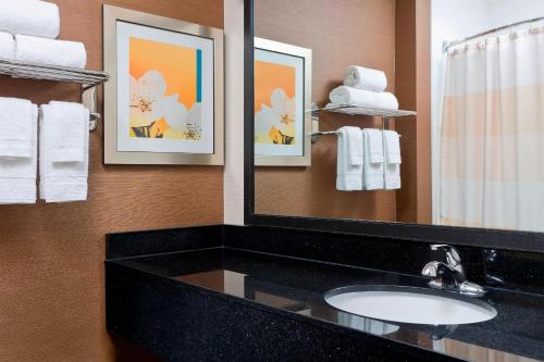 ein Badezimmer mit einem Waschbecken, einem Spiegel und Handtüchern in der Unterkunft Fairfield Inn & Suites Lexington Keeneland Airport in Lexington