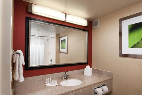 a bathroom with a sink and a large mirror at Courtyard by Marriott Baldwin Park in Baldwin Park