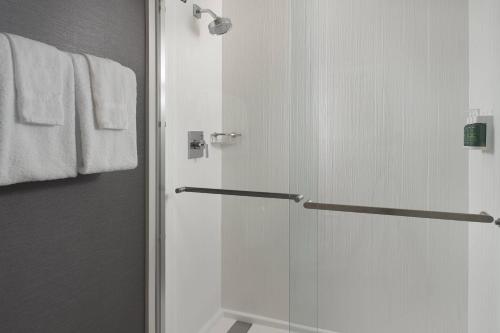 a shower with a glass door in a bathroom at Courtyard Charlotte Arrowood in Charlotte