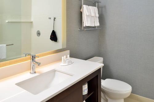 a bathroom with a sink and a toilet at Residence Inn by Marriott Des Moines Downtown in Des Moines