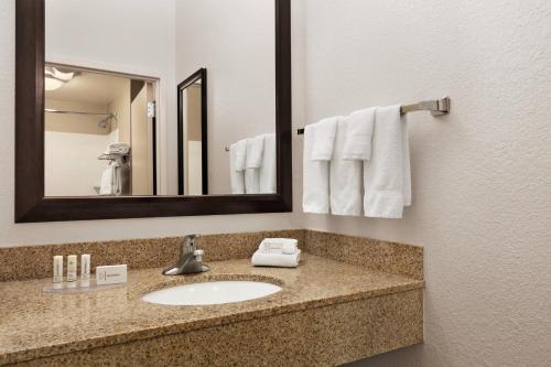a bathroom with a sink and a mirror at SpringHill Suites Dulles Airport in Sterling