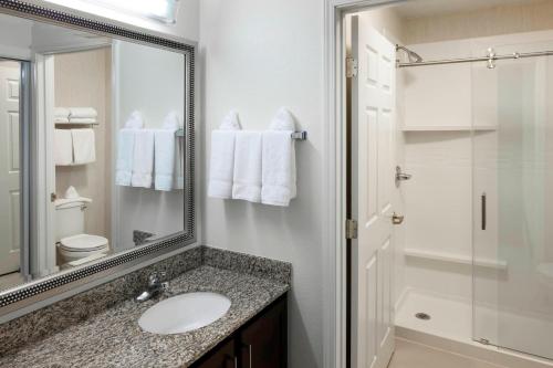 a bathroom with a sink and a mirror and a shower at Residence Inn Denver Highlands Ranch in Highlands Ranch