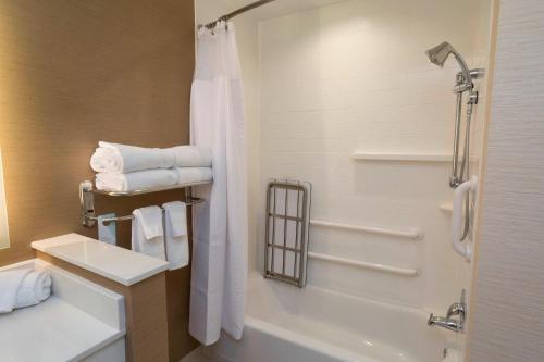 a bathroom with a shower and a toilet and a sink at Fairfield Inn & Suites by Marriott Geneva Finger Lakes in Geneva