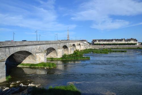 a stone bridge over a river with a train at Entre Loire et Chateau in Blois