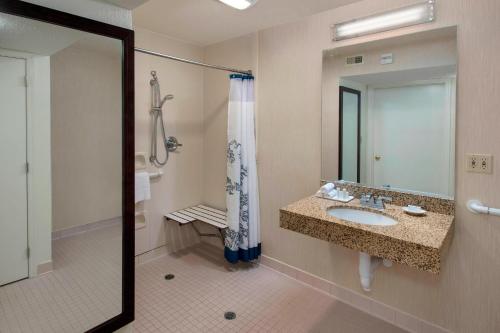 a bathroom with a sink and a shower and a mirror at Residence Inn Philadelphia Valley Forge in Berwyn