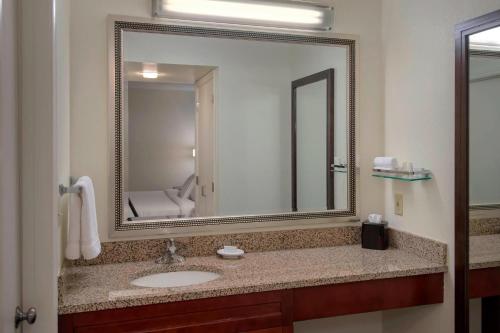 a bathroom with a sink and a large mirror at Residence Inn Philadelphia Valley Forge in Berwyn