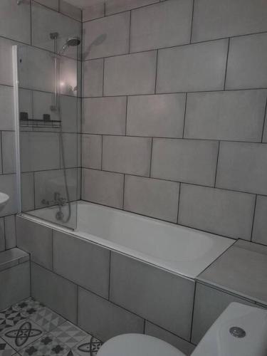 baño de azulejos blancos con ducha y aseo en Studio agréable et fonctionnel à 5km des plages, en Lannion