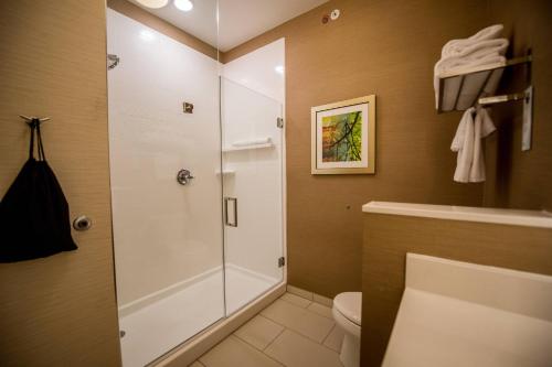 a bathroom with a shower and a toilet at Fairfield by Marriott Cambridge in Cambridge