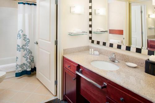 a bathroom with a sink and a toilet and a mirror at Residence Inn by Marriott Roanoke Airport in Roanoke