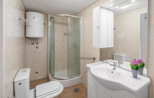 La salle de bains est pourvue de toilettes, d'un lavabo et d'une douche. dans l'établissement Villa Viera, à Buzet
