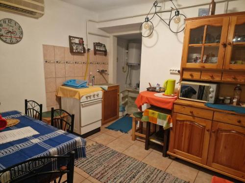 a kitchen with a sink and a table in a room at Kerékpáros és Zarándok Vendégház in Apostag