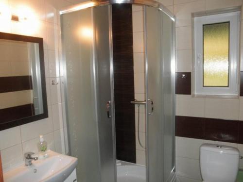 a bathroom with a shower and a toilet and a sink at Domek w Karkonoszach 1 pod Karpaczem in Karpacz