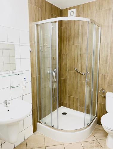 a bathroom with a shower and a toilet and a sink at Chata Karczowiska in Karczowiska