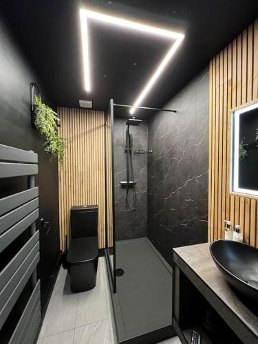 a bathroom with a sink and a shower and a sink at Luxe City Hot Tub: Urban Retreat in Norwich