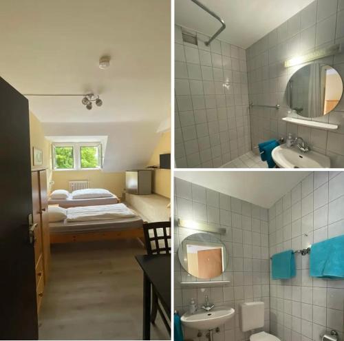 two pictures of a bathroom with a bed and a sink at Hotel Haus Schürmann in Dorsten