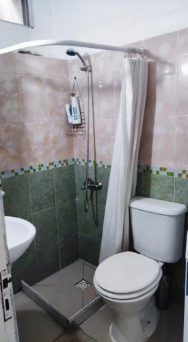 a bathroom with a toilet and a shower and a sink at Sombra in Ciudad de la Costa