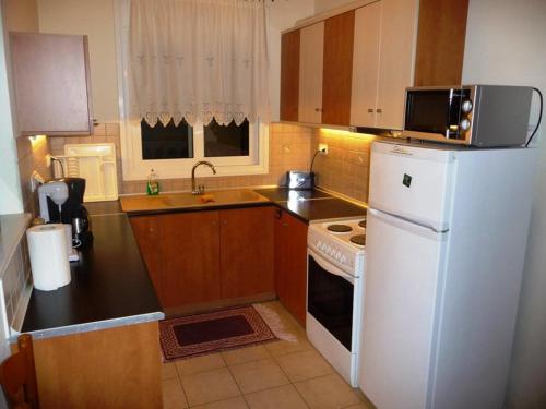 ナフプリオにあるOmorfi Poli 120 sqm Apartmentのキッチン(白い冷蔵庫、シンク付)