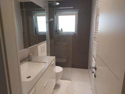 La salle de bains est pourvue d'un lavabo, de toilettes et d'une fenêtre. dans l'établissement Apartman Daria, à Split