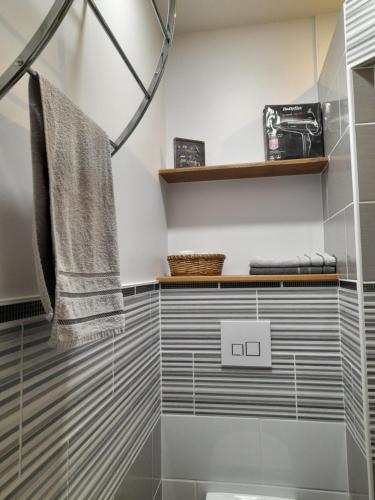 baño con azulejos grises y blancos y toalla en Chambre d'hôtes LARIBOISIERE en Fougères