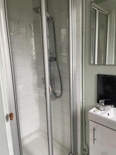 a bathroom with a shower and a sink at Ellesmere House in Castle Cary