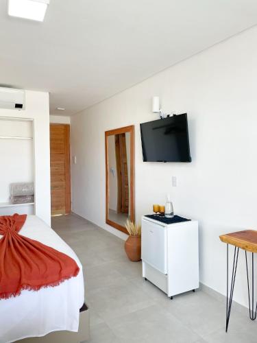 a bedroom with a bed and a tv on the wall at Milie Lounge Pousada in Japaratinga