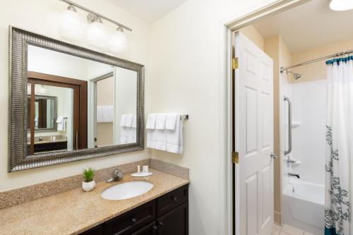 a bathroom with a sink and a mirror at Residence Inn Des Moines West at Jordan Creek Town Center in West Des Moines