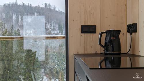 a kitchen with a counter top and a window at Widokownia Brenna in Brenna