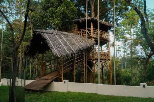 a tree house in the middle of a forest at VanaJyotsna Forest Home in Marayoor