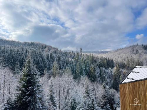 a snow covered hillside with trees and a barn at Widokownia Brenna in Brenna