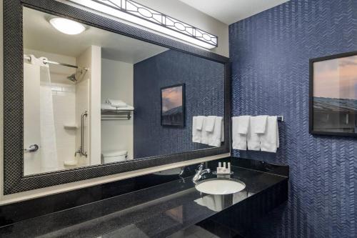 a bathroom with a sink and a mirror at Fairfield Inn & Suites by Marriott Commerce in Commerce