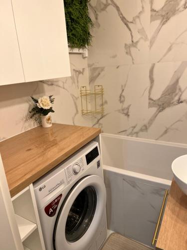 a white washing machine in a kitchen with a counter at Apartment by Chopina Street in Konin