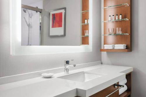 a bathroom with a white sink and a mirror at Delta Hotels by Marriott - Indianapolis Airport in Indianapolis