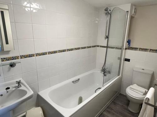 a bathroom with a tub and a toilet and a sink at Moorhead Country Holidays in Bideford